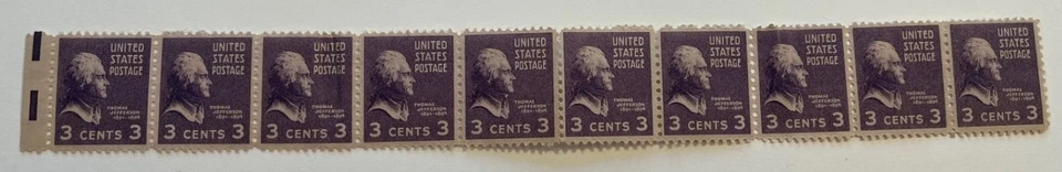 1938 3c Violet/Purple Jefferson Strip of Stamps #807, MNH OG perf 11 - Image 1 of 4