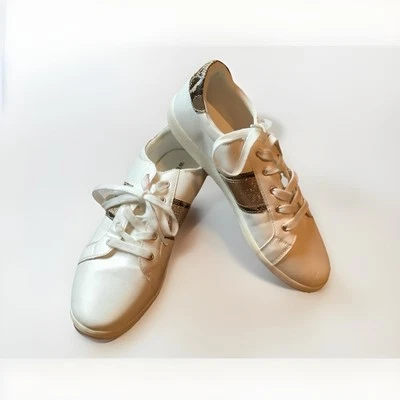 West Loop Size L(9-10) White Gold Glitter Accent Faux Leather Tennis Shoes - Image 1 of 4