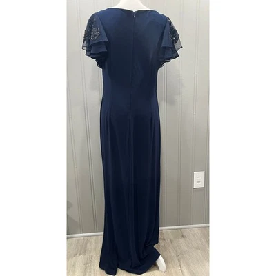 Navy Blue Beaded Sleeve Ruched Gown Evening Formal Dress - Image 1 of 4