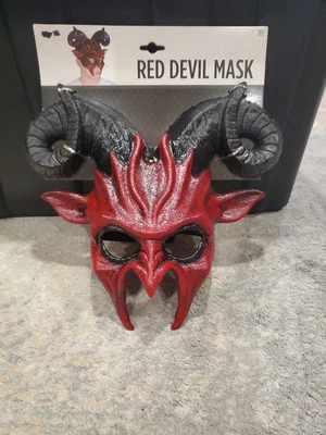 Halloween Demon Devil Satan w/ Black Ram Horns Masquerade Party Mask Bloody Red - Image 1 of 2