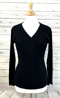 Suéter DKNY Jeans Para Mujer Clásico Cuello en V Negro Acanalado Tejido Algodón Foto 1 de 4