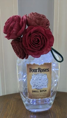 Handmade Four Roses Bourbon bottle and Sola Wood flowers light up bar decor - Image 1 of 4