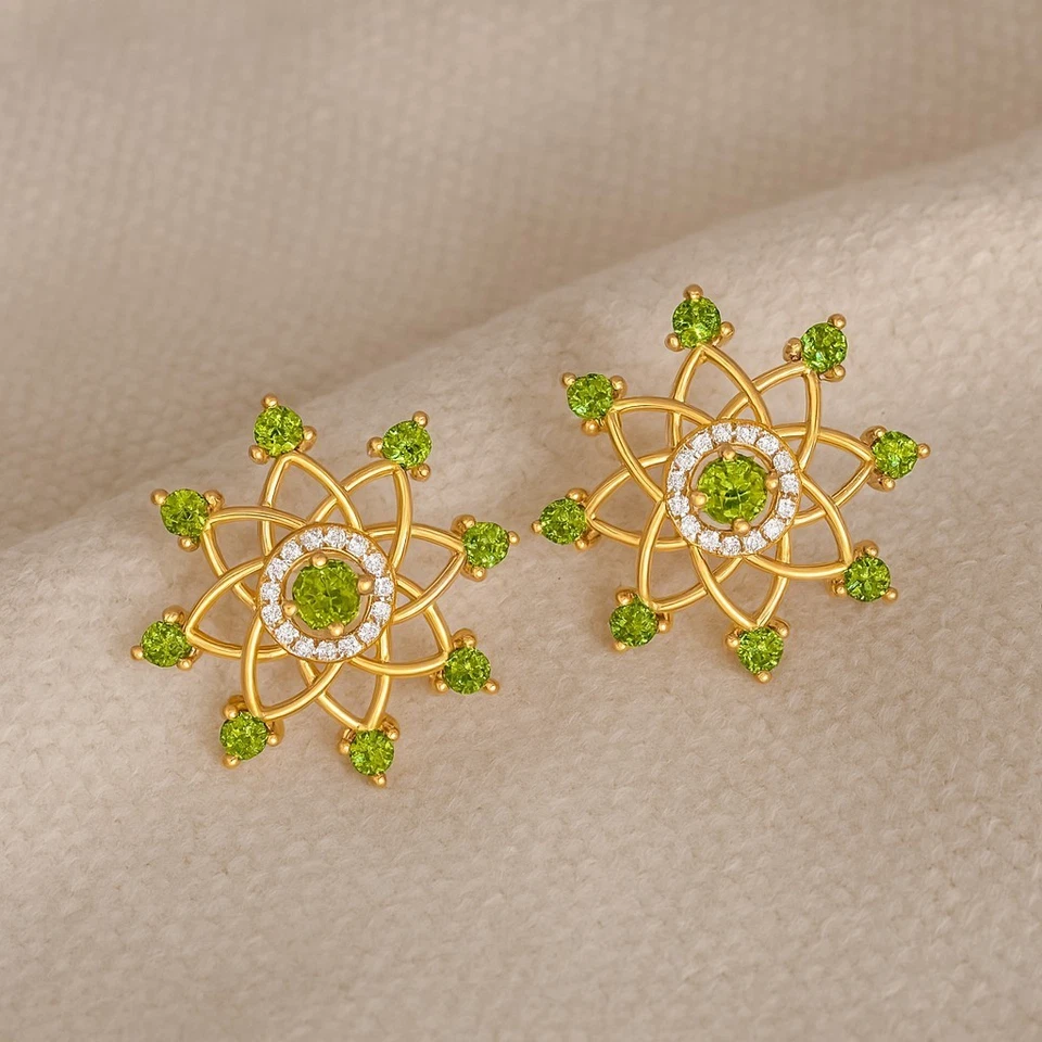 Natural Peridot & Diamond Stud Earrings in 14K Gold August Birthstone # 1028 - Image 1 of 1