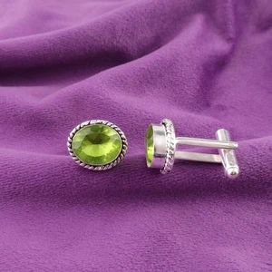 925 Sterling Silver Cufflinks Green Peridot Gemstone Men And Women Cufflinks - Picture 1 of 4