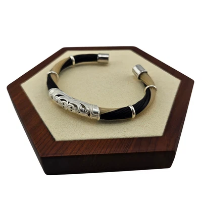 Handmade Thai 925 Silver Cuff Bracelet Woven Natural Fiber Good Luck Amulet Gift - Image 1 of 4