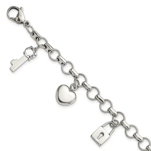 Stainless Steel Rose IP-plated Polished CZ Heart, Lock & Key w/ 1in ext Bracelet - Picture 1 of 4