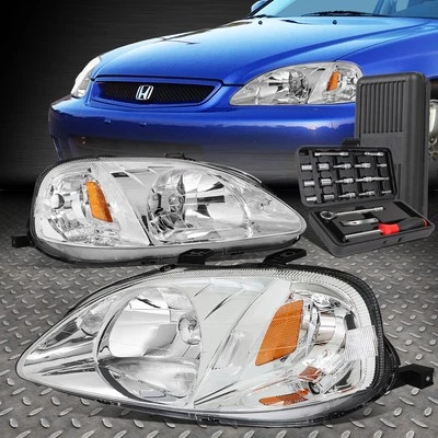 FOR 99-00 HONDA CIVIC CHROME HOUSING AMBER CORNER HEADLIGHT HEAD LAMPS+TOOL SET - Image 1 of 4