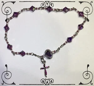 Pocket Rosary MADE WITH Swarovski Amethyst Crystal Bicone Antique Silver Links - Picture 1 of 4