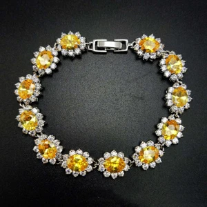 New Xmas Party Jewelry Flower Yellow Citrine Gemstone Silver Women Girl Bracelet - Picture 1 of 6