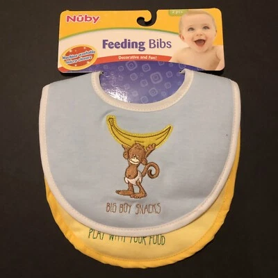 Nuby Monkey Baby Feeding Bibs 2 Pack Machine Washable 100% Cotton New - Image 1 of 4
