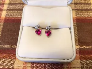Beautiful 10k Yellow Gold Heart Garnet And Diamond Stud Earrings - Picture 1 of 19