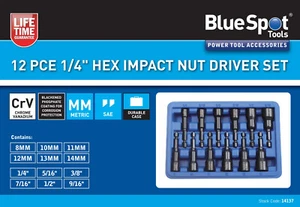 Blue Spot Tools 12 PIEZAS 1/4" Destornillador de tuerca de impacto hexagonal 6 tamaños métricos y 6 SAE - Imagen 1 de 1