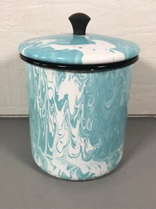 Rare Antique Light Blue Swirl Enamelware Canister w/ Lid Aqua Turquoise Enamel - Picture 1 of 12