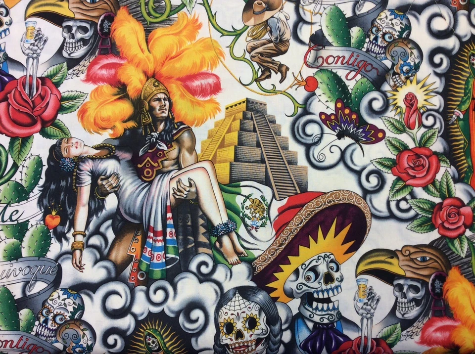 AH133 Contigo Day of the Dead Mexico Guadalupe Skull Aztec Cotton Quilt Fabric - Image 1 of 3