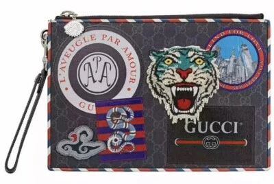 Gucci #496346 GG Supreme Tiger Patch Zip Top Clutch/Bolsa, Nova Com Etiqueta - Imagem 1 de 4