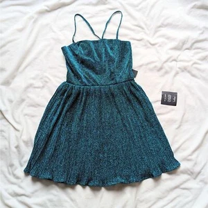Lulus Party Era Teal Blue Sparkly Lace-Up Pleated Skater Dress Teal Blue Glitter - Picture 1 of 9
