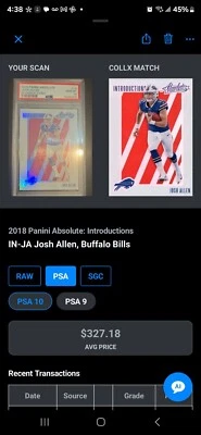 2018 josh allen rookie introduction Absolute Base card worth $327.18 on average. - Image 1 of 2