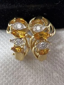 ELEGANT Solid 14K Yellow Gold Citrine & Diamond Omega Back Earrings 6.8gr. - Picture 1 of 9