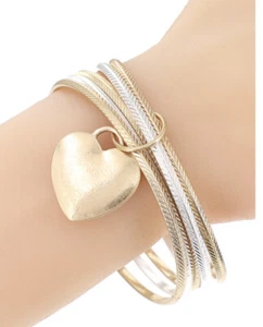 VALENTINES DAY LOVE RHINESTONE ELEGANT TWO TONE 5 BANGLE BRACELET SET - Picture 1 of 2