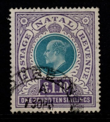NATAL 1902 £1. 10s VERDE Y VIOLETA, SG 143, CDS DURBAN LIMPIOS, CAT. 180€ Foto 1 de 2