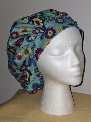 Teal w/ Pretty Flowers Medical Surgical Bouffant Scrub Hat ONE SIZE !!! L - Image 1 of 2