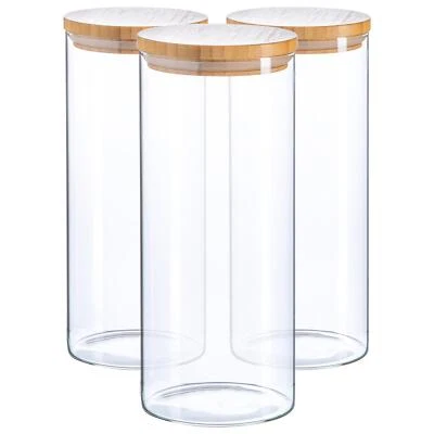 ARGON TABLEWARE 3x Scandi Glass Storage Jars with Wooden Lids Kitchen Food Canister 1.5 Litre