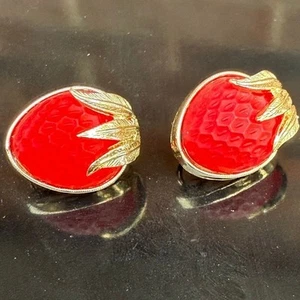 Vintage Sarah Coventry Clip On Strawberry Gold Tone and Red Clip On Earrings - Picture 1 of 2
