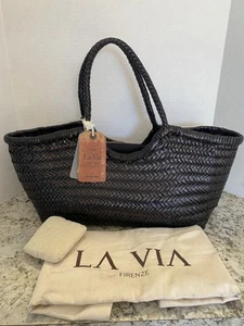 NEW La Via Firenze Italian Leather Black Woven Tote Shoulder Bag NWT w Pouch - Picture 1 of 18