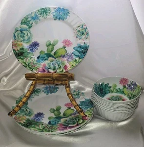 Melamin Kaktus und Sukkulenten verziert 10,5" Teller 5,75" Schalen grün türkis rosa - Bild 1 von 6