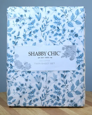 Conjunto de lençóis gêmeos chiques chiques azuis estampa botânica floral 4 peças 100% algodão ajuste profundo - Imagem 1 de 4