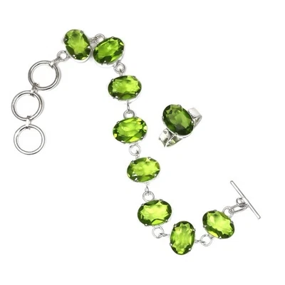Peridot Quartz Gemstone Women's Unisex Jewelry Bracelets & Rings 7-8'' - Image 1 of 4