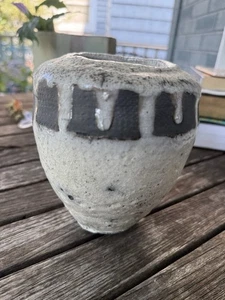 White Crackle Raku Pottery Vase 6” Tall Rustic Japanese-Inspired Dark Drip MCM - Picture 1 of 10