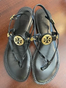 Sandalias Tory Burch Dillan Cuero Negro Dorado Tanga Chanclas Talla 9.5 Zapatos - Imagen 1 de 6
