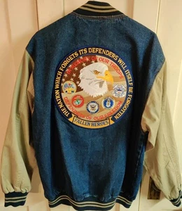 Vintage 90s US Military Jon Lauren Apparel Denim Varsity Bomber Jacket L - Picture 1 of 10