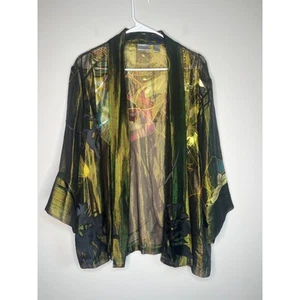 Chicos Silk Metallic Oriental Butterfly Floral Metallic Sheer Artsy Kimono 2 XL - Picture 1 of 5