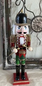 Wooden Nutcracker Red/Green Drummer Sequined Glitter Holiday Figurine 15” - Picture 1 of 6