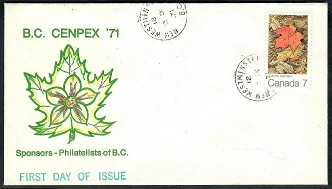Canada 1971 "B.C. CENPEX'71" Cachet FDC: 7¢ Maple Leaf in Autumn - Sc #537 - Image 1 of 1