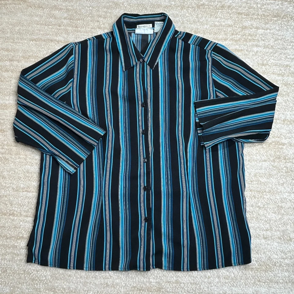 Joanna Blouse Shirt Women L Black Blue Striped Stretch Built In Tank Casual Top - Image 1 of 4