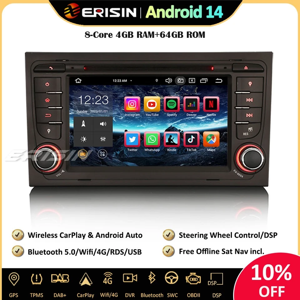 64Go DAB+Android 14 Autoradio GPS pour AUDI A4 SEAT EXEO CarPlay DVD TNT Wifi 4G - Photo 1/4