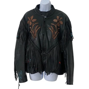 Chaqueta floral HUDSON para mujer de cuero negro con flecos con cuentas sello Harley-Davidson EE. UU. - Imagen 1 de 10