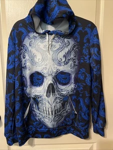 Chaqueta pulóver informal de manga larga con capucha negra azul blanca con estampado 3D de calavera para hombre - Imagen 1 de 7