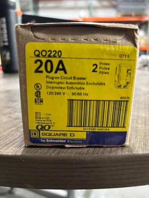 Square D QO220 20 Amp 2-Pole Circuit Breaker – QO Series 240V 10kA Plug-On