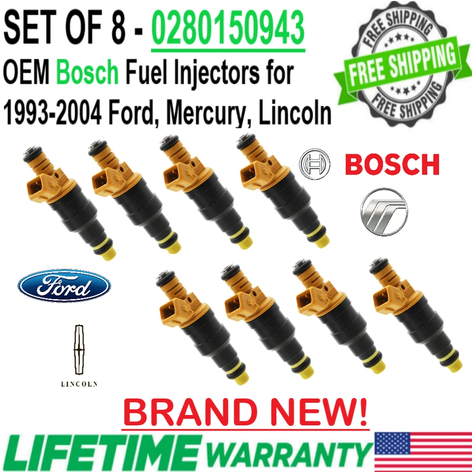 NEW BOSCH OEM 8pcs Fuel Injectors for 1993-2004 Ford Lincoln Mercury #0280150943 - Image 1 of 4