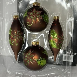 The Christmas Shoppe 4 Pack Chocolate Brown Poinsettia Glass Ornaments 2015 - Picture 1 of 9