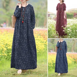 Women Floral Printed Long Sleeve Maxi Dress Casual Loose Shirt Dresses Kaftan - Picture 1 of 13