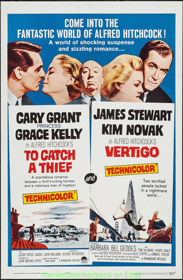 TO CATCH A THIEF / VERTIGO MOVIE POSTER Folded V.Fine 27x41 R1963 CARY GRANT - Image 1 of 1