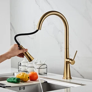 Kitchen Basin Facuet Brushed Gold Pull Down&Swivel Spout Mixer Single Handle Tap - Picture 1 of 10