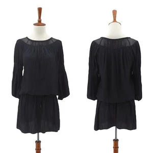 Ramy Brook Women XS Tunic Dress Black Silk Pleated Waist Drawstring Tiered FLAW - Picture 1 of 9