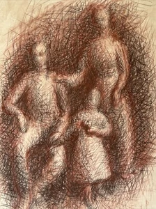 MID CENTURY DRAWING ABSTRACT MODERNISM MYSTERY PORTRAIT FAMILY EXPRESSIONIT - Picture 1 of 13
