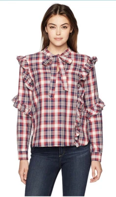 BlankNYC Mujer Camisa a Cuadros Volantes Nueva con Etiquetas $88 Blusa Cuello Lazo Pequeña Roja Cardenal Foto 1 de 4